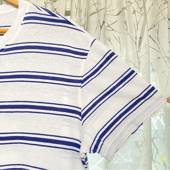 ZEGNA SPORT WHITE BLUE STRIPE PRINT V-NECK SHORT SLEEVE SHIRT - Picture 3 of 8